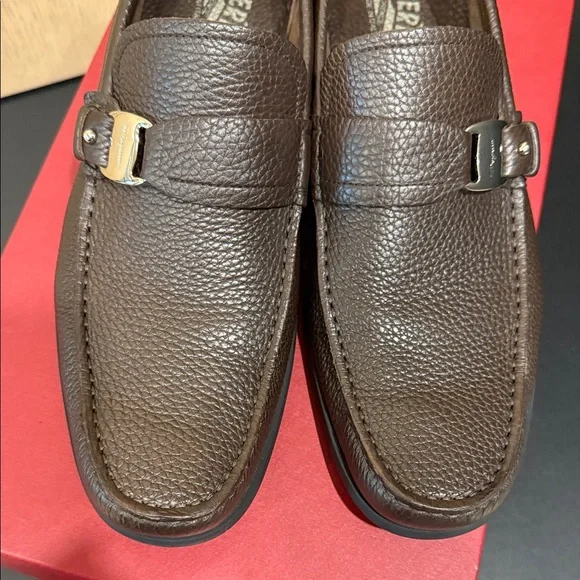 Salvatore Ferragamo Dark Brown Pebbled Leather Slip-On Loafers Salvatore Ferragamo Dark Brown Leather Sardgena Slip On  main image 3